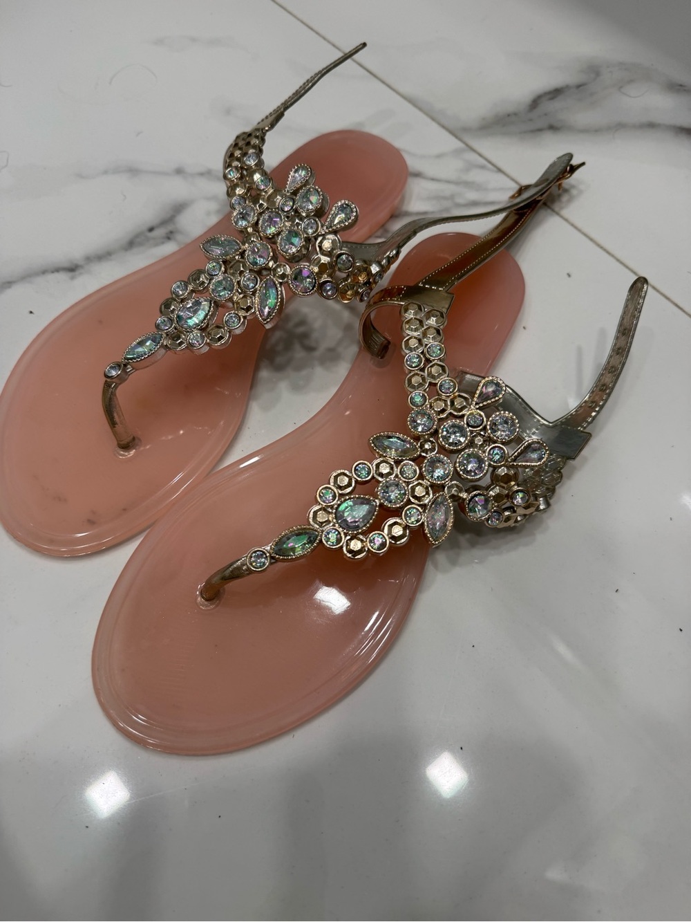 Olivia Miller Pink Jeweled T-Strap Sandals